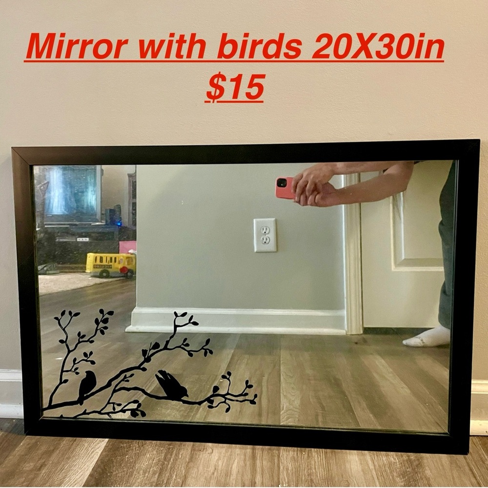 Black Framed Mirror with Bird Design